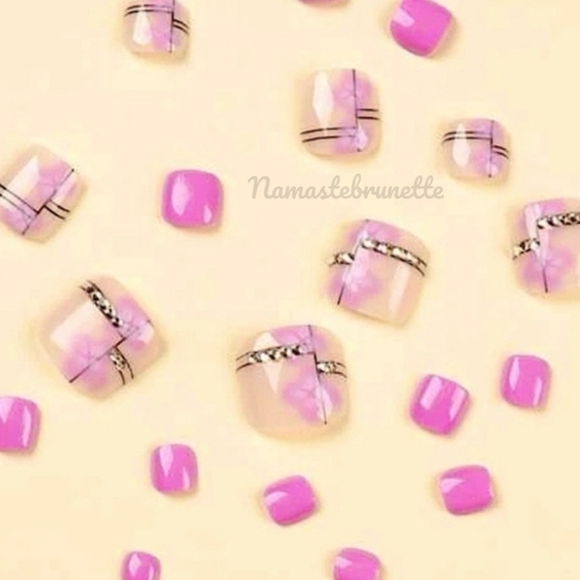 2/$16 Pink Floral Rhinestone Press on Toenails - Picture 3 of 17